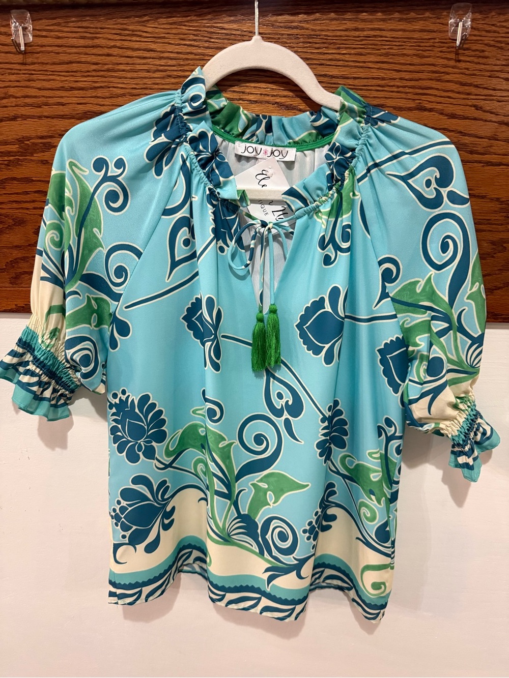Joy Joy Aqua and Green Floral Tie-Neck Blouse